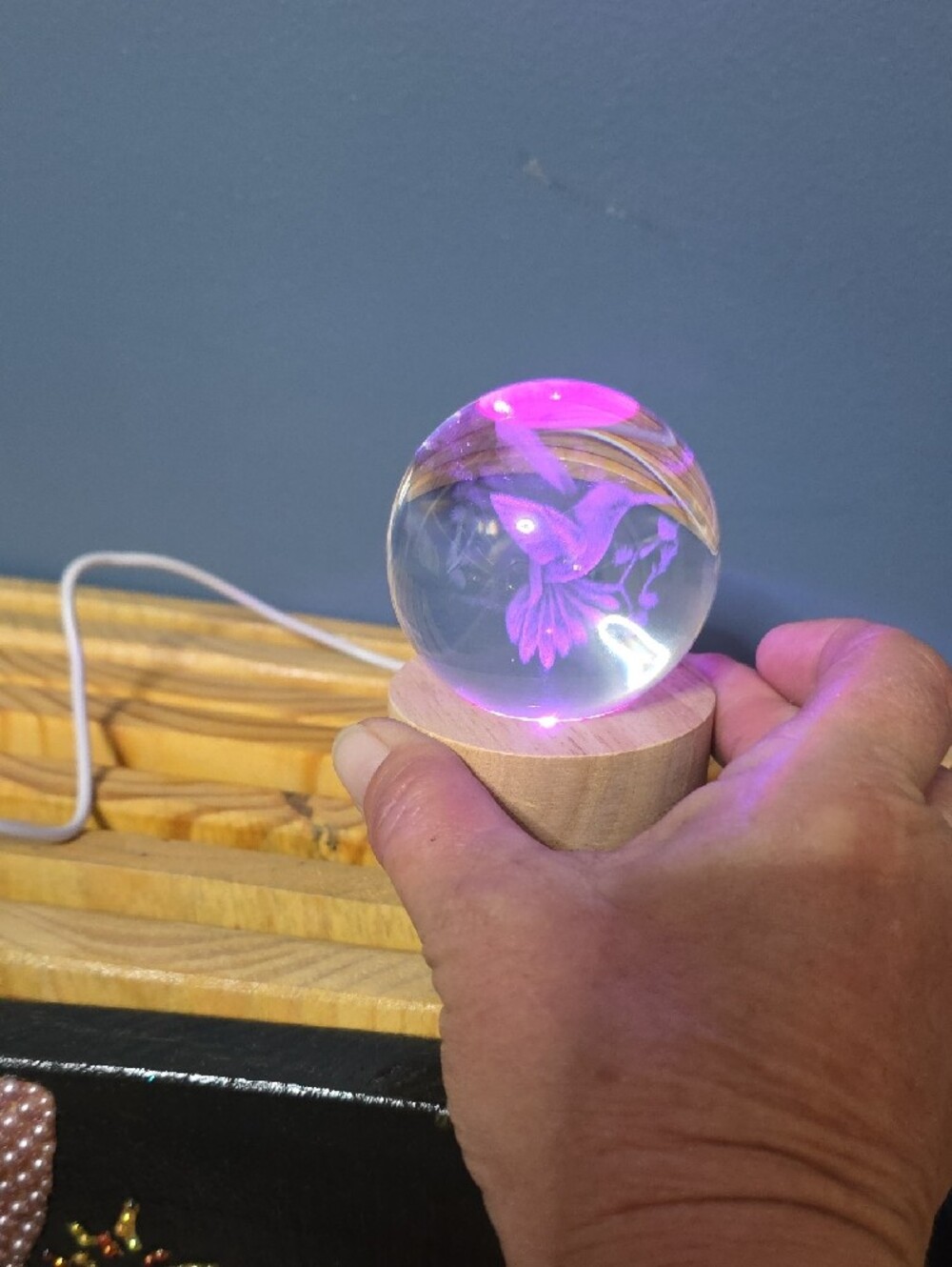 Hummingbird LED Crystal Sphere Night Light - Blue - Picture 3 of 9